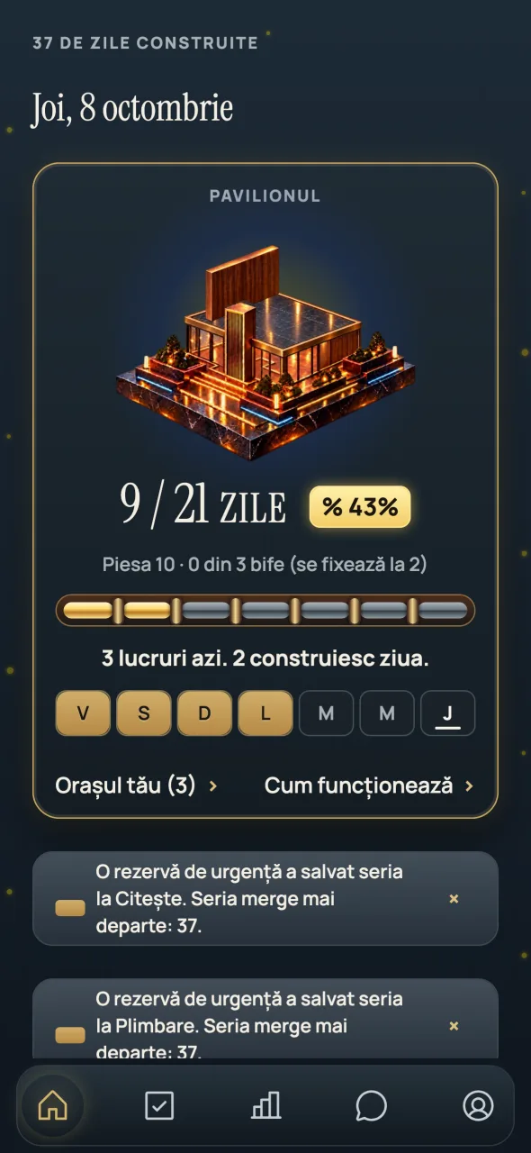 Azi: clădirea în lucru și piesa zilei